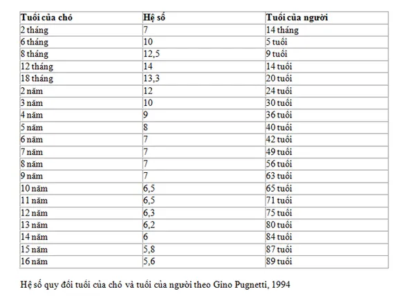 Bảng quy đổi tuổi thọ của chó bằng hệ số Pugnetti