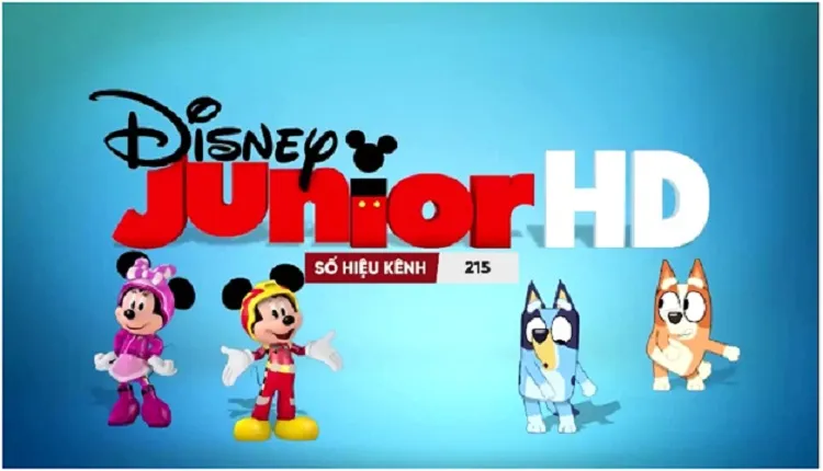 Các nhân vật hoạt hình Disney Junior, bao gồm Mickey Mouse và nhóm bạn, trong không gian đầy màu sắc