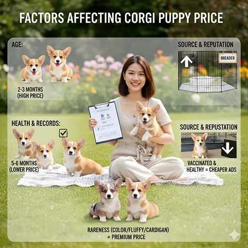 Các yếu tố quyết định giá mua chó Corgi con, bao gồm độ tuổi và nguồn gốc trại nuôi