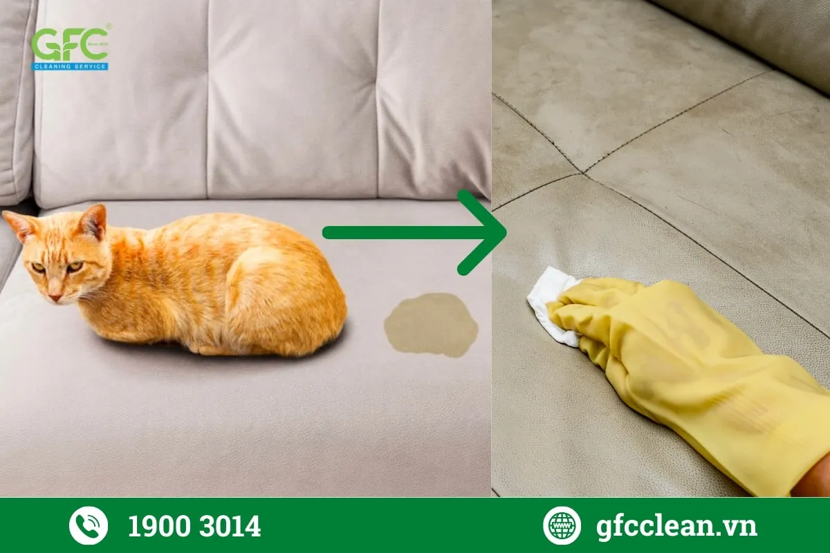 Dùng giấy thấm sạch nước tiểu mèo trên ghế