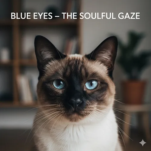 Cận cảnh đôi mắt xanh lam đặc trưng của mèo Xiêm, phản chiếu ánh sáng cửa sổ tạo chiều sâu