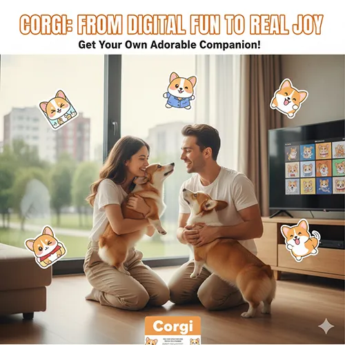 Cặp đôi hạnh phúc ôm hai chú Corgi thật và xung quanh là các sticker Corgi chibi hoạt hình, thể hiện niềm vui từ thế giới digital đến thực tế.