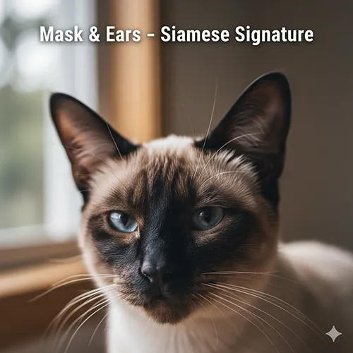 Chi tiết mask và tai của mèo Xiêm, thể hiện đường viền sẫm màu rõ nét là dấu hiệu nhận diện
