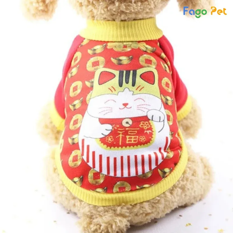 Chó Corgi mặc áo thun có tay màu vàng in hình mèo thần tài