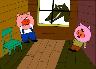 chó sói đang cố gắng thổi bay căn nhà rơm của chú heo cả