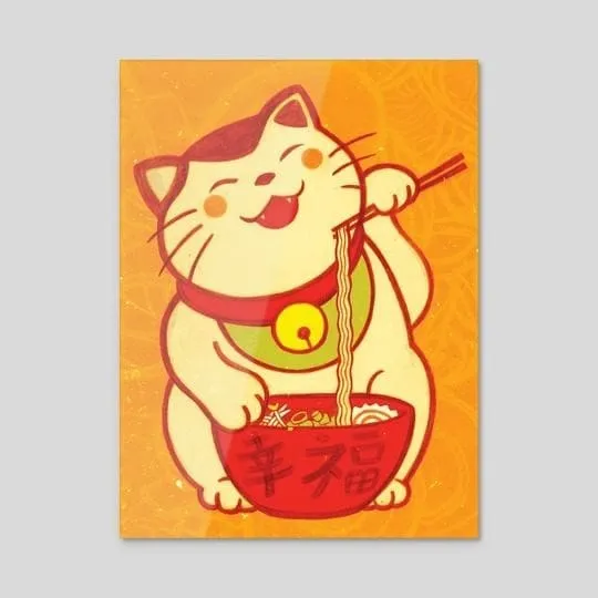 Chú mèo thần tài với cử chỉ đáng yêu, thích thú bên bát mì ramen