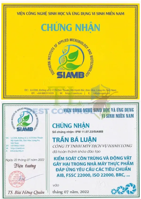Chừng chỉ chứng nhận hoàn thành khóa đào tạo "Kiểm soát côn trùng và động vật gây hại trong nhà máy thực phẩm"