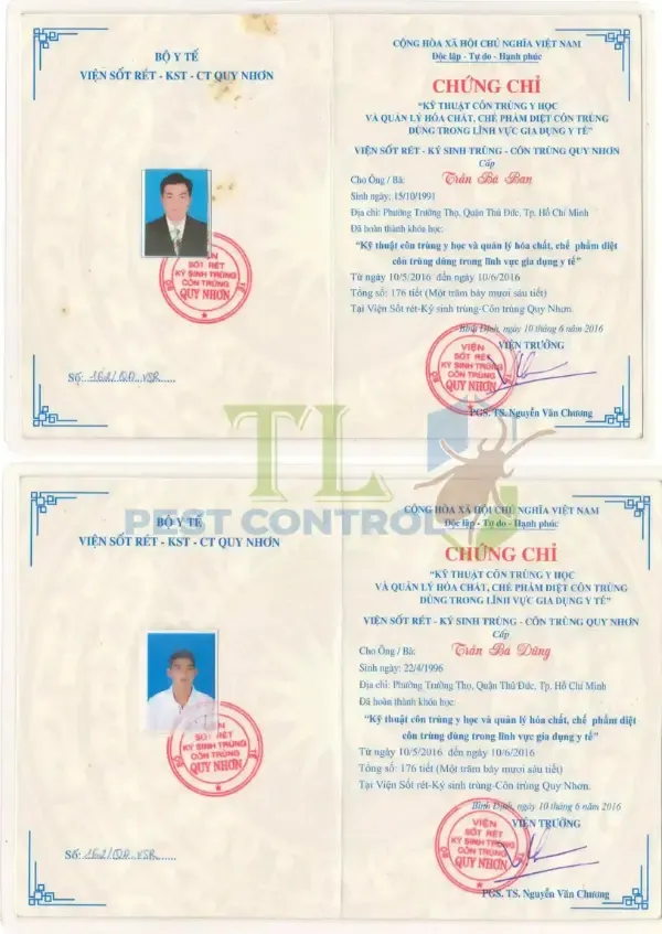 Chứng chỉ "Kỹ thuật côn trùng Y học và quản lý hóa chất, chế phẩm diệt côn trùng dùng trong lĩnh vực gia dụng y tế"
