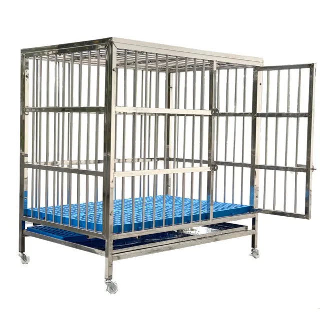 Chuồng chó inox T95 có khay hứng chất thải và bánh xe