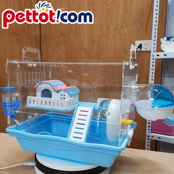 Chuồng Hamster mica có thiết kế 2 tầng với nhiều tiện ích đi kèm