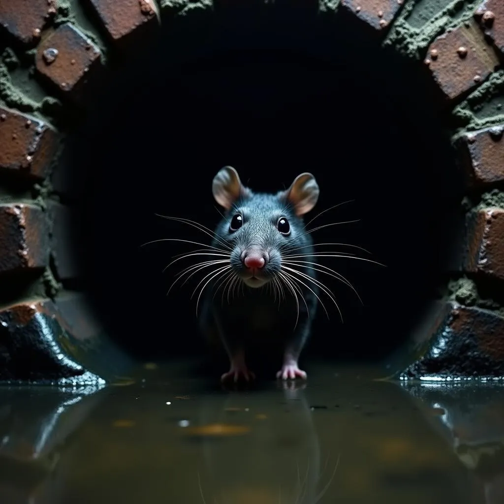 Chuột cống đang chạy nhanh trong cống rãnh, hình ảnh phổ biến khi mơ thấy chuột cống