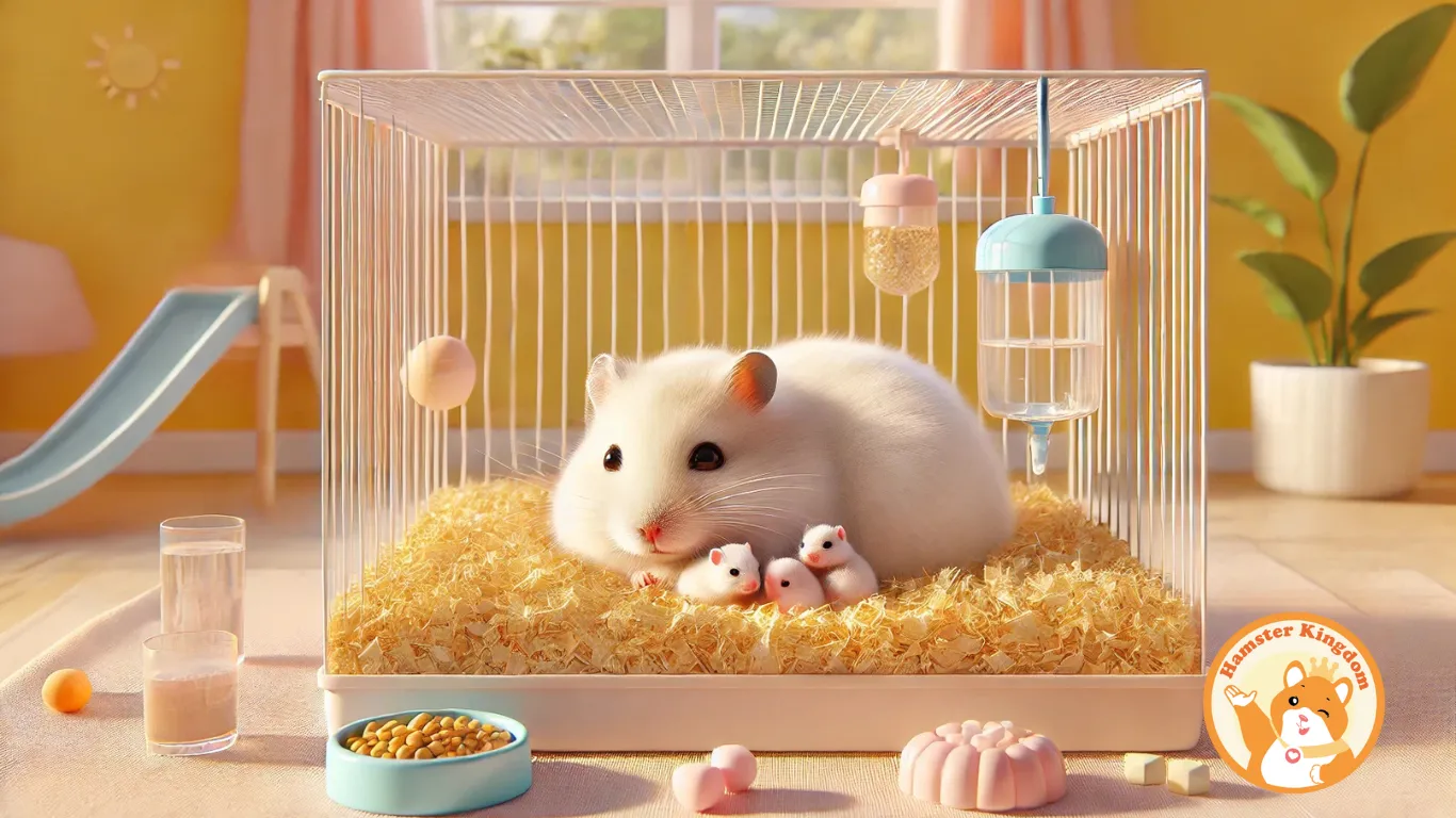 Chuột Hamster mẹ đang bảo vệ và cho đàn con bú trong tổ rơm lót chuồng.