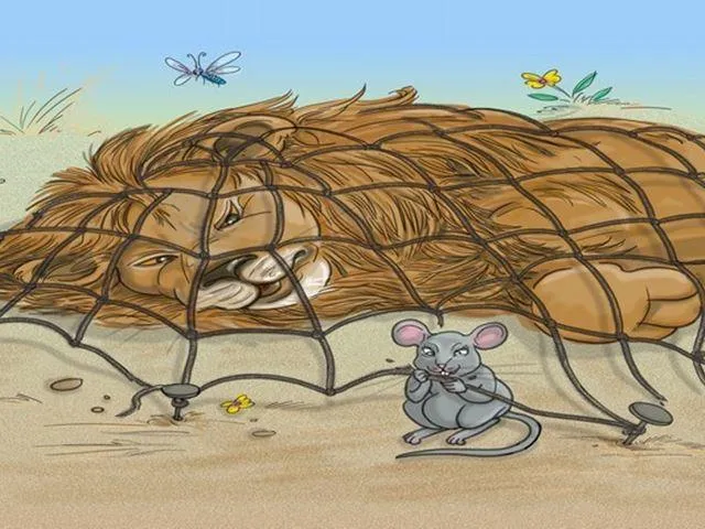 Chuột nhắt dũng cảm cắn dây thừng giải cứu sư tử bị mắc bẫy thợ săn, minh họa lòng biết ơn và sự đền đáp