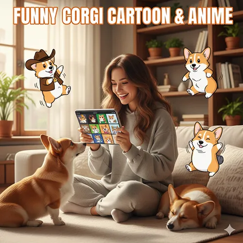 Cô gái mỉm cười xem máy tính bảng với các icon Corgi hoạt hình; xung quanh là hai chú Corgi thật và các hình vẽ Corgi hoạt hình (cowboy, nhảy múa).