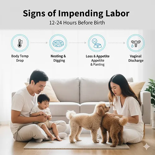 ⚠️ Dấu hiệu chó Poodle sắp sinh: thân nhiệt giảm, bỏ ăn, cào ổ, tiết dịch