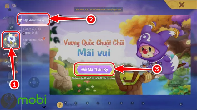 game moly vương quốc chuột chũi: Giao diện chọn tính năng Mật khẩu thần kỳ trong mục Phúc Lợi