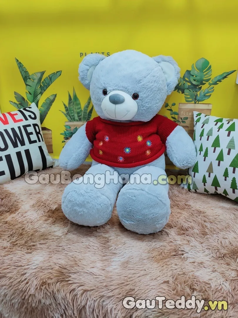 Gấu Bông Xám Aó Hoa Đỏ