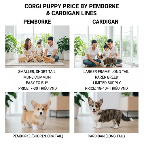 Giá chó Corgi con bao nhiêu tiền theo dòng Pembroke (7-30 triệu, đuôi ngắn) và Cardigan (18-40 triệu, đuôi dài, hiếm hơn)