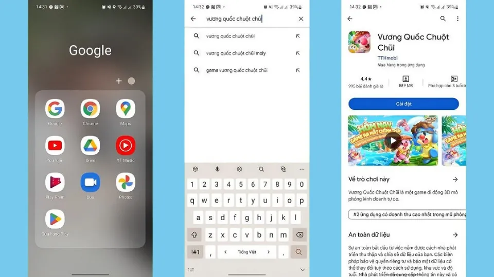 Giao diện Google Play Store khi tìm kiếm game Vương Quốc Chuột Chũi trên điện thoại Android