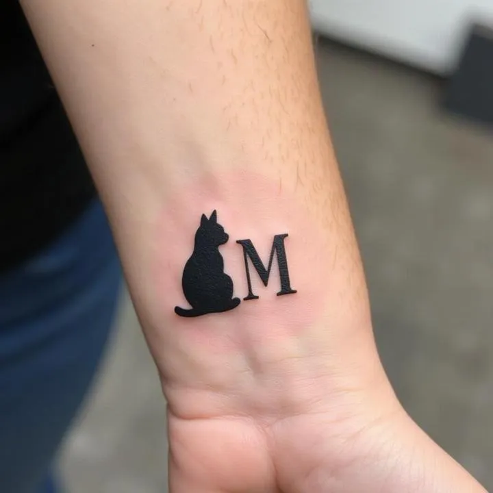Gợi ý hình xăm mèo mini ở cổ tay kết hợp chữ cái cá nhân hóa