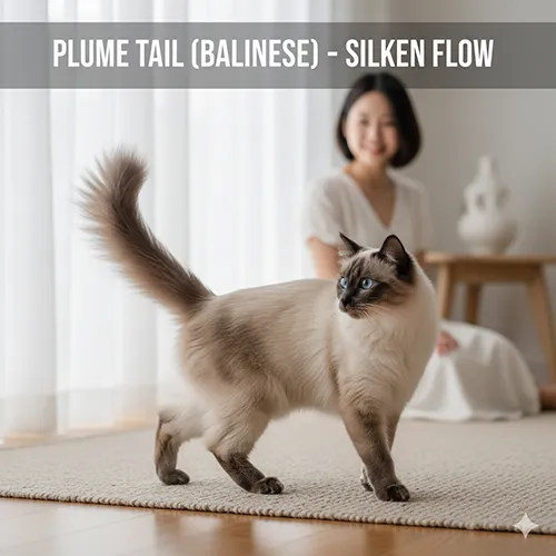 Hình ảnh mèo Balinese lông dài bồng bềnh, với chiếc đuôi xòe mềm mại (plume tail) trong không gian sáng