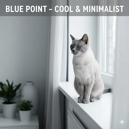 Hình ảnh mèo Xiêm Blue Point có lông xám xanh dịu, thể hiện sự thanh lịch trong nội thất tối giản