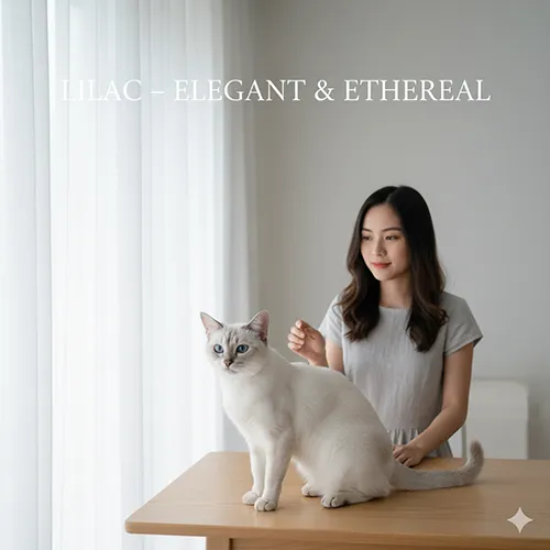 Hình ảnh mèo Xiêm Lilac Point tông màu tím nhạt tinh tế, phong cách chụp tối giản cạnh rèm trắng