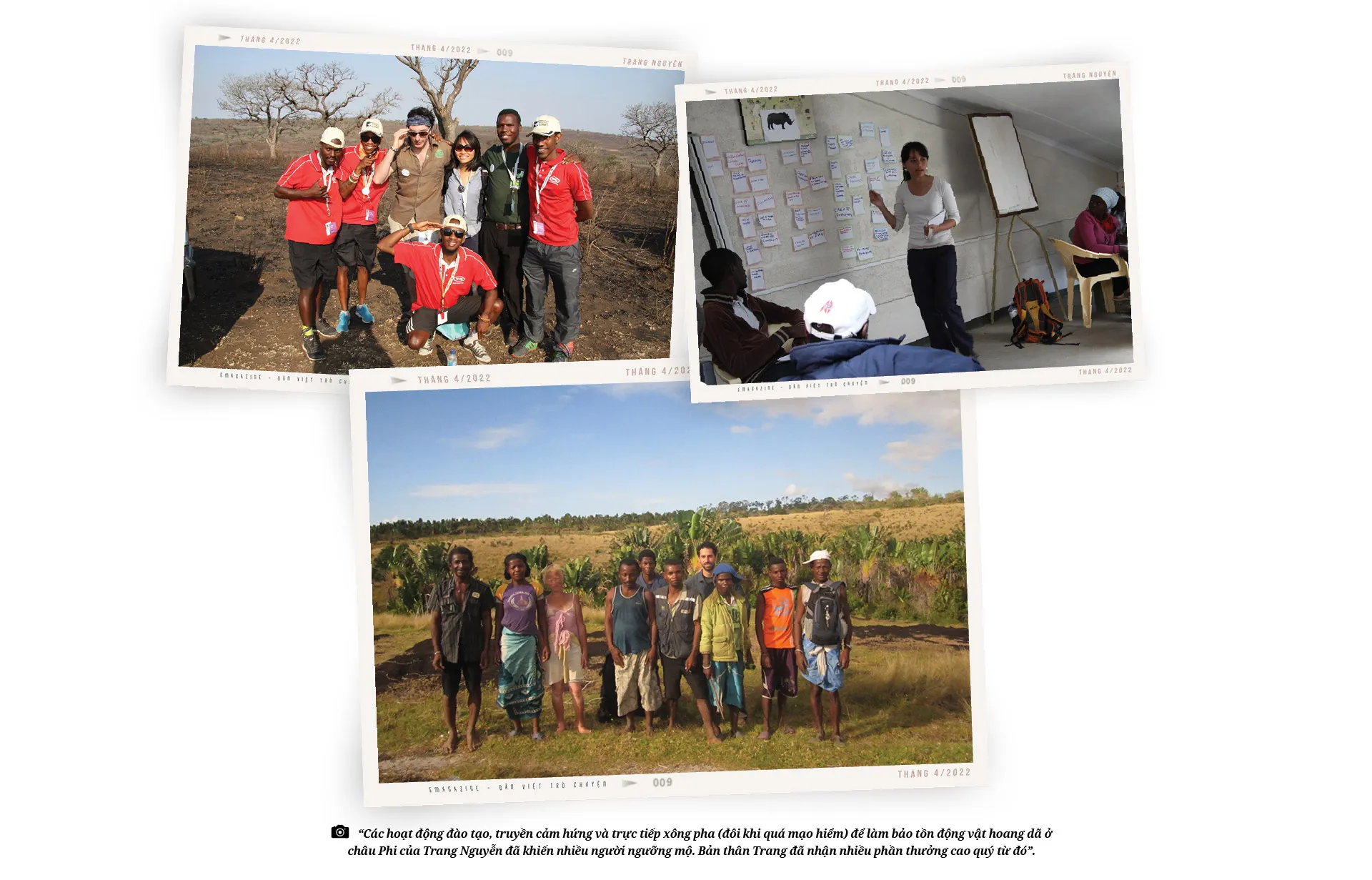 Hình ảnh Trang Nguyễn trong các chuyến điều tra ngầm, đấu tranh chống buôn bán động vật hoang dã trái phép xuyên lục địa