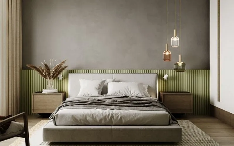 Kết hợp xanh lá với xám lông chuột giúp không gian sống thêm thư giãn và dễ chịu, gần gũi thiên nhiên