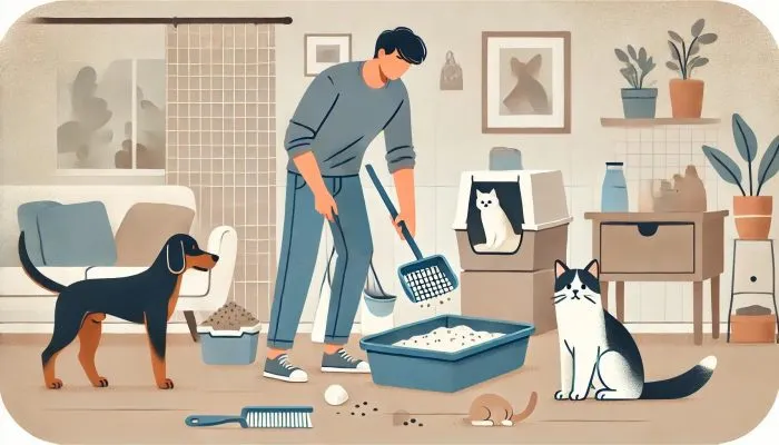 Khay vệ sinh cho chó mèo, minh họa việc dọn dẹp chất thải hàng ngày để quản lý mùi hôi