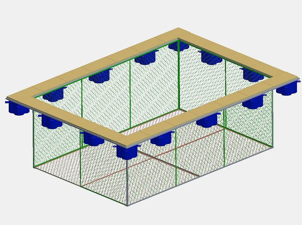 Kỹ thuật lắp đặt lồng lưới PE vào khung bè nổi, đảm bảo kích thước mắt lưới tiêu chuẩn