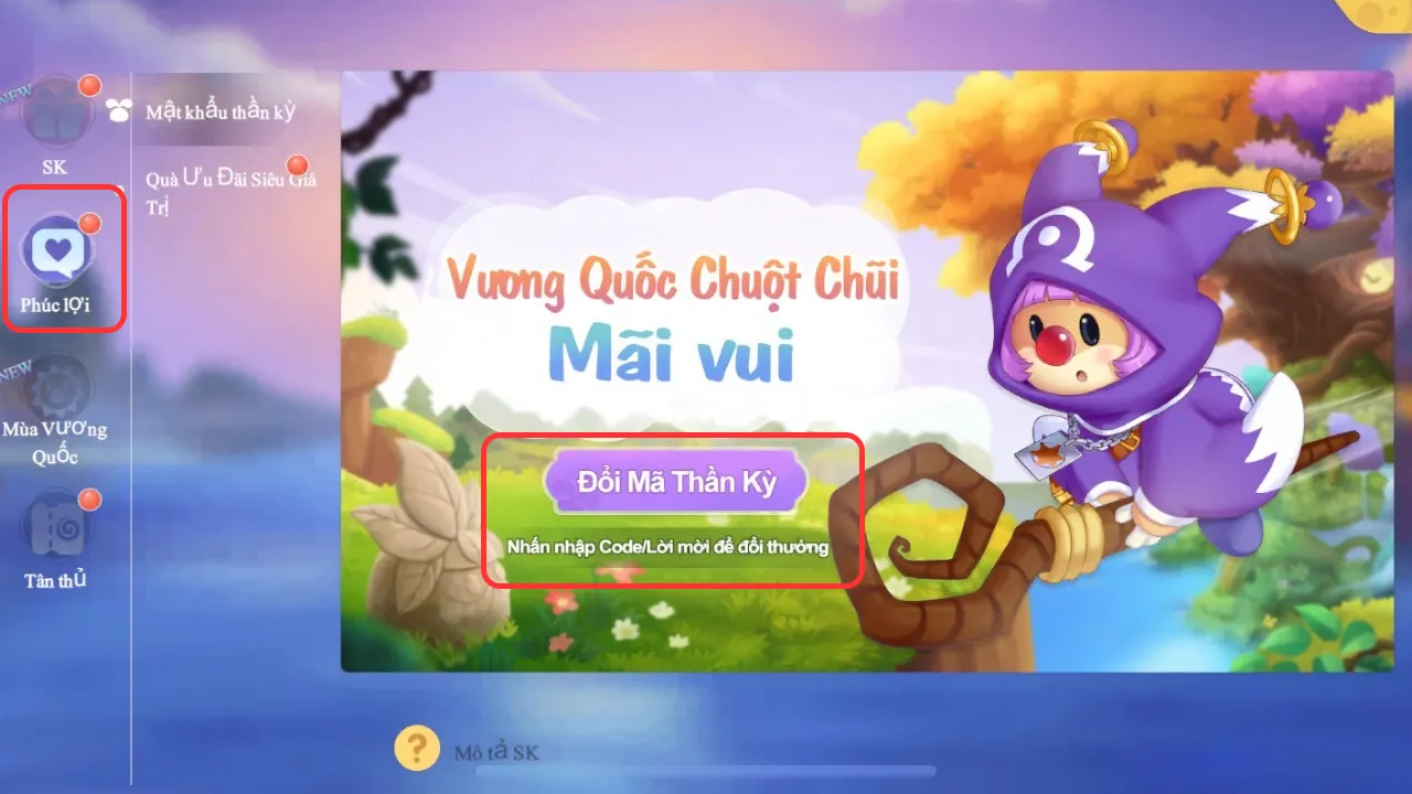 Màn hình chọn Đổi Mã Thần Kỳ và nhập code nhận quà