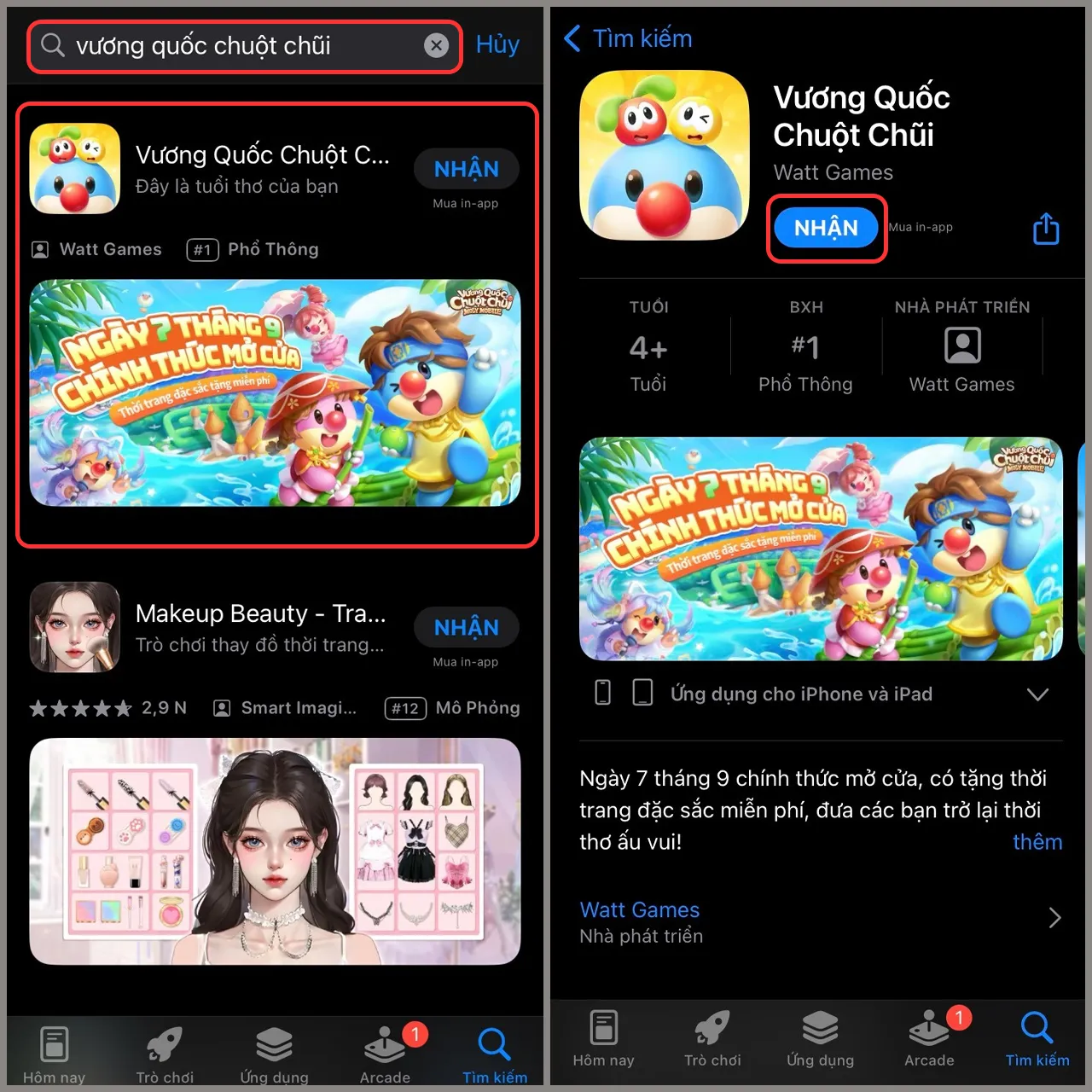 Màn hình tìm kiếm và tải game Vương Quốc Chuột Chũi trên App Store