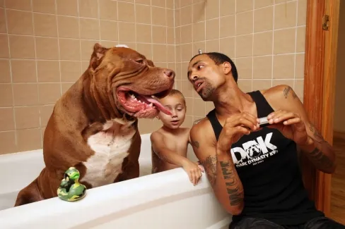 Marlon Grennan, chủ sở hữu, đứng cùng Hulk và đàn chó con của nó