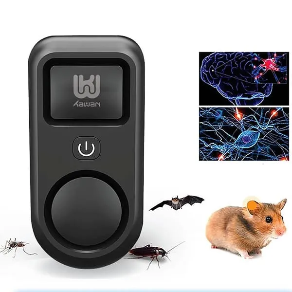 Máy đuổi chuột sử dụng sóng siêu âm được đặt trên kệ, minh họa các loại bẫy chuột nhắt thông minh, không gây chết chuột