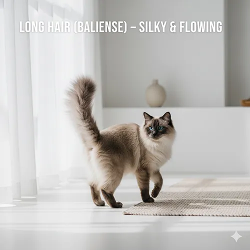 Mèo Xiêm Balinese màu lilac lông dài mềm mượt, bước đi nhẹ nhàng trong không gian trắng sáng tối giản