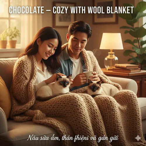 Mèo Xiêm Chocolate Point lông nâu sữa, nằm thư giãn trên chăn len be ấm cúng, tạo cảm giác thân thiện
