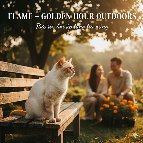 Mèo Xiêm Flame Point rực rỡ dưới ánh nắng giờ vàng, tạo nên khung cảnh ấm áp