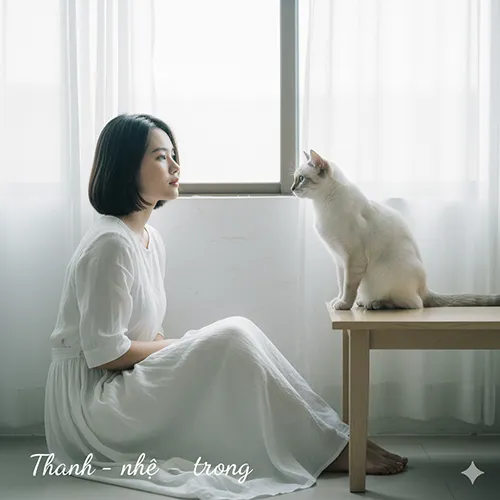 Mèo Xiêm Lilac Point ngồi trên bàn cạnh cửa sổ sáng, tông màu nhẹ nhàng tinh khiết