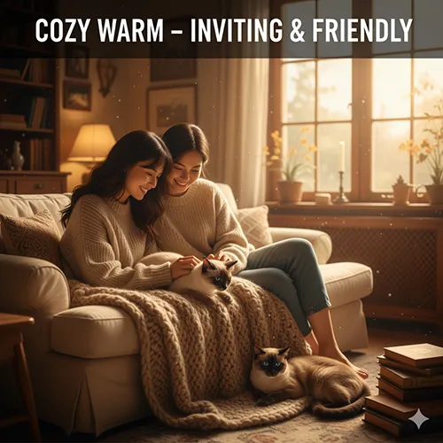 Mèo Xiêm trong phong cách Cozy Warm, cuộn tròn trên sofa cùng chăn len dưới ánh đèn vàng