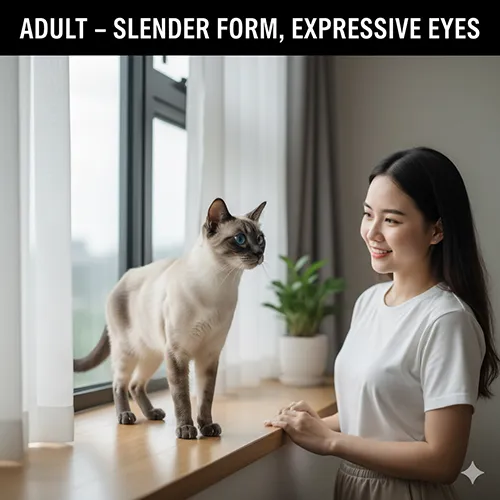 Mèo Xiêm trưởng thành dáng thanh mảnh, thần thái tự tin và đôi mắt xanh sâu hút hồn