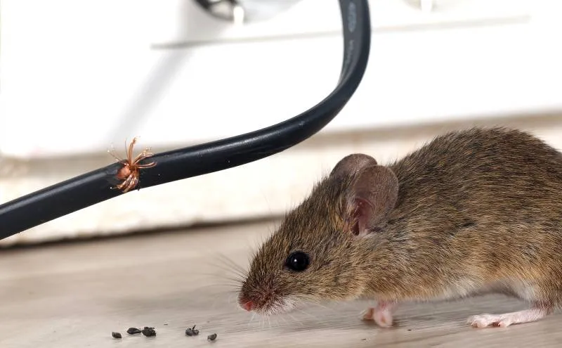 Một con chuột nhắt đang gặm nhấm dây điện trong góc tối, minh họa tác hại phá hoại vật chất.