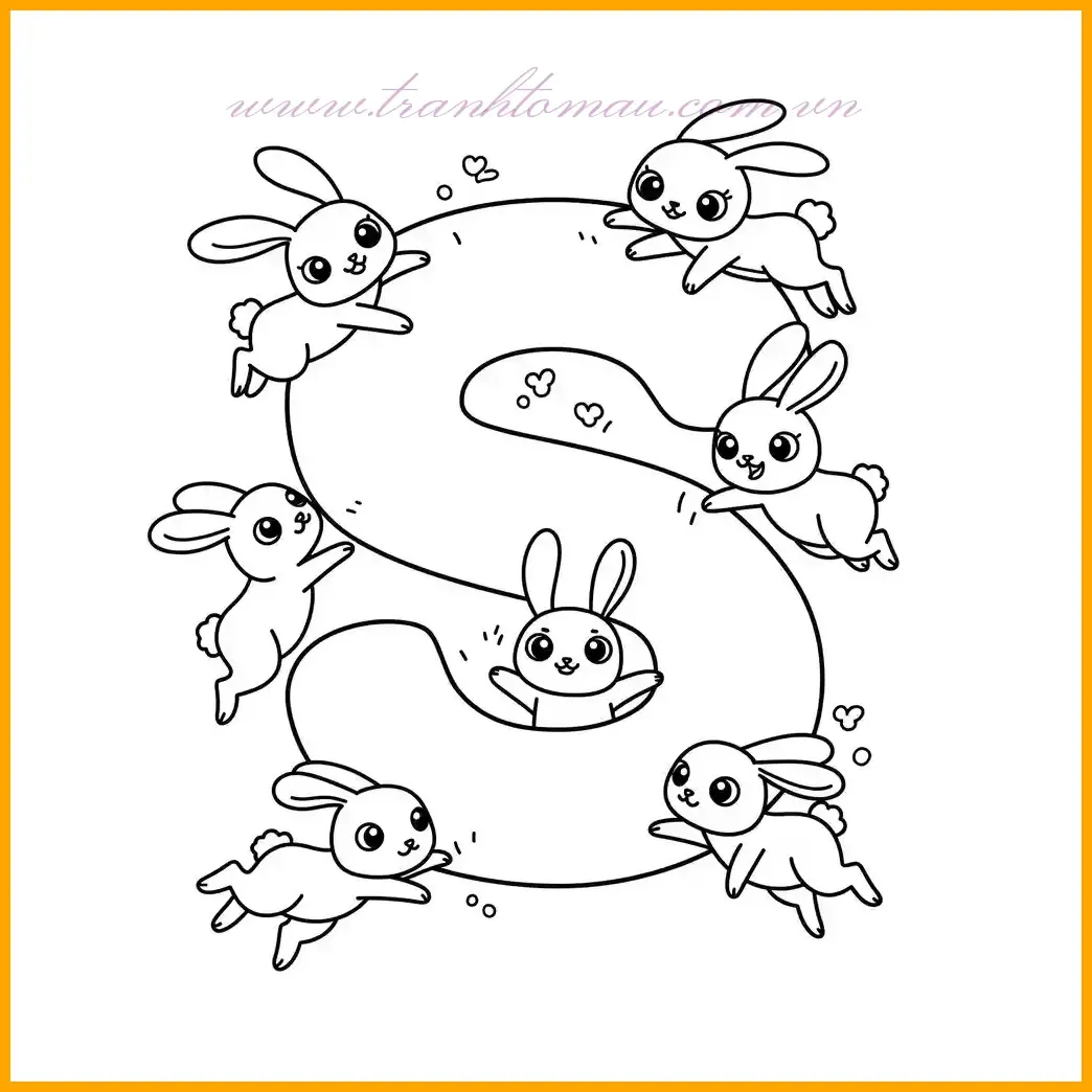 Một mẫu tô màu chữ S được vây quanh bởi những chú thỏ đang nhảy nhót, giúp trẻ nhận biết các loài thú cưng phổ biến