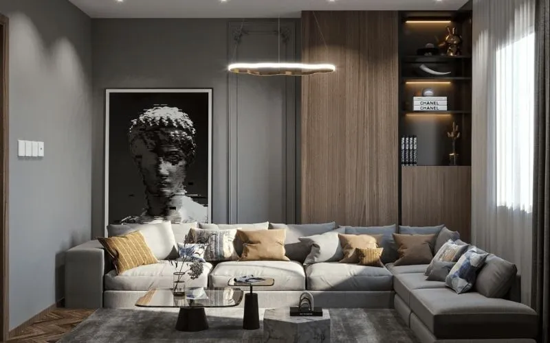 Phối màu xám lông chuột và vàng nâu mang lại nét đẹp hoài niệm cổ điển cho phòng khách