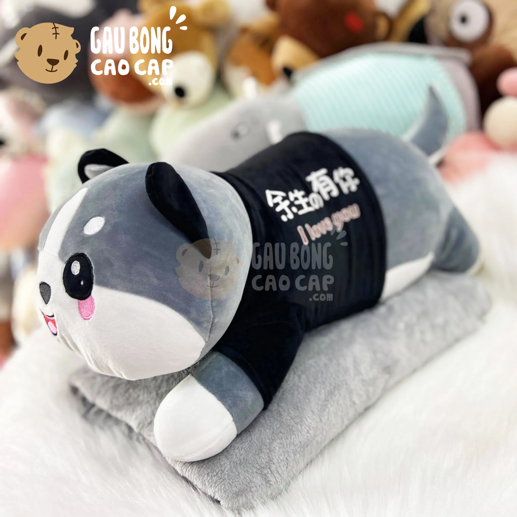 Phụ kiện gấu bông chó Husky cute đi kèm mền, tiện lợi khi dùng trong văn phòng hoặc xe hơi