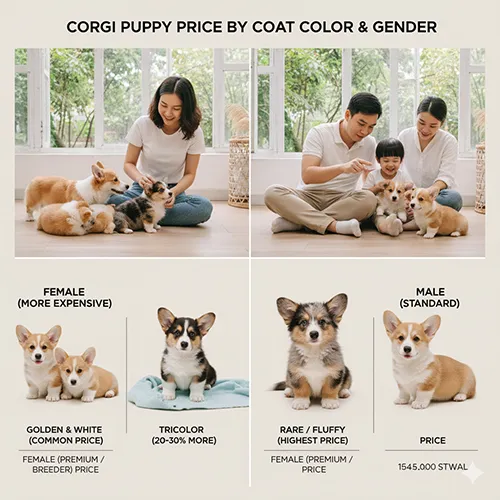 So sánh giá Corgi con theo màu lông Tricolor hiếm, vàng trắng phổ biến và giới tính đực cái