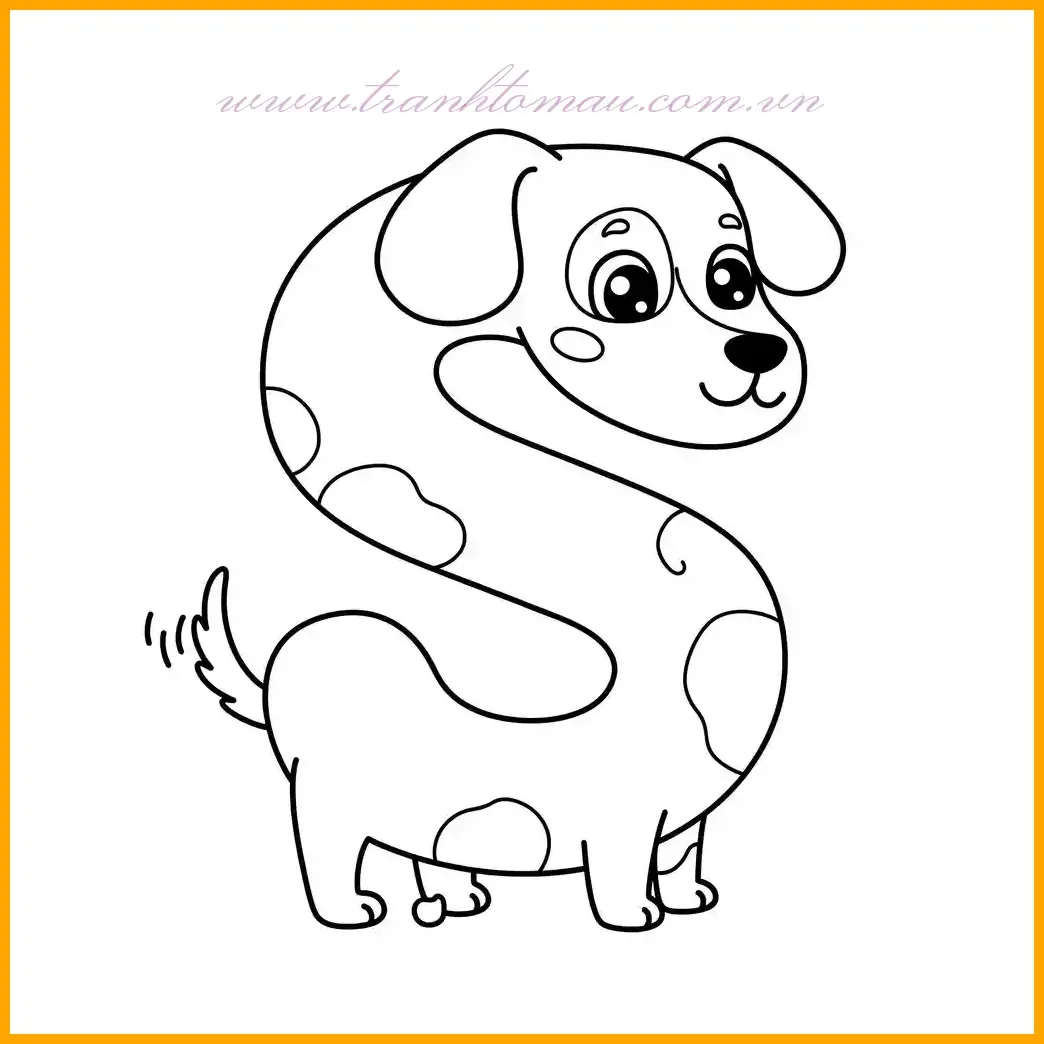 Trong bức tranh này, chữ S xuất hiện bên cạnh một chú chó nhỏ đáng yêu đang vẫy đuôi, một ví dụ về vật nuôi thân thiện trong bộ sưu tập tô màu